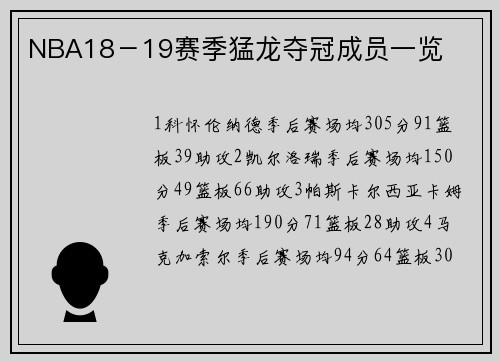 NBA18－19赛季猛龙夺冠成员一览