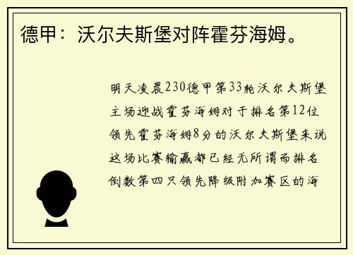 德甲：沃尔夫斯堡对阵霍芬海姆。